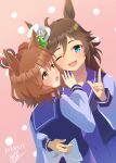 2girls absurdres ahoge animal_ears aston_machan_(umamusume) blue_eyes blush breasts brown_hair commentary_request crown green_eyes hair_between_eyes hair_ornament hairclip hat highres horse_ears horse_girl hug long_hair long_sleeves looking_at_viewer mashiroken07 medium_hair mini_crown mini_hat mini_top_hat mr._c.b._(umamusume) multiple_girls one_eye_closed open_mouth pleated_skirt purple_sailor_collar purple_shirt purple_skirt red_scrunchie sailor_collar sailor_shirt school_uniform scrunchie shirt skirt smile teeth top_hat tracen_school_uniform umamusume upper_teeth_only winter_uniform 
