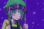  1boy basil_(headspace)_(omori) basil_(omori) blue_overalls blush closed_mouth colored_skin commentary_request double-parted_bangs flower flower_wreath green_shirt hair_between_eyes head_wreath highres looking_at_viewer male_focus omori overalls purple_sky scene_reference shirt short_hair sidelocks sky smile solo t-shirt tamponade white_skin 