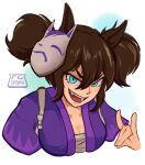  1girl animal_ears blue_eyes breasts brown_hair chest_sarashi cleavage cropped_shoulders fang fox_mask fox_shadow_puppet freshcutsashimi hair_between_eyes happi highres horse_ears horse_girl inari_one_(edomurasaki)_(umamusume) inari_one_(umamusume) japanese_clothes kimono large_breasts looking_at_viewer mask mask_on_head open_mouth purple_happi purple_kimono sarashi smile solo teeth twintails umamusume 