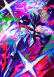  armor blade_arm blue_fire ceruledge commentary english_commentary euphythefox eye_trail fiery_hair fire helmet highres light_trail no_humans pokemon pokemon_(creature) pokemon_focus purple_armor purple_eyes purple_fire purple_helmet solo 