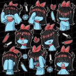  1girl :d :| aqua_(deltarune) aqua_dress aqua_flower aqua_skin black_background black_hair blunt_bangs bow closed_mouth colored_skin commentary covered_eyes covering_face cropped_torso crying crying_with_eyes_open cyclops d: deltarune dendenmushi1064 dress english_commentary fang flower grid_background hair_bow hand_on_own_head hand_up happy head_tilt highres kitchen_knife knife long_hair one-eyed own_hands_together parody red_bow red_eyes red_scarf salute scared scarf short_side_ponytail short_twintails side_ponytail sleeves_past_fingers sleeves_past_wrists smile solo style_parody surprised tears twintails unamused utdr_(toby_fox) yotsubato! 