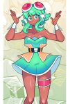  1girl alternate_skin_color bare_shoulders belt black_belt border breasts closed_mouth collarbone commentary dark-skinned_female dark_skin dress frilled_thigh_strap goggles goggles_on_head green_background green_dress green_eyes green_hair gumi gumi_(sv) hands_up headphones highres large_breasts missandydandy pillarboxed red-tinted_eyewear solo synthesizer_v thigh_strap tinted_eyewear untranslatable_commentary white-framed_eyewear white_border zoom_layer 