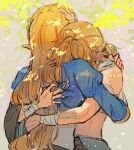  1boy 1girl arms_around_another's_back artist_name bandaged_torso bandaged_wrist bandages blonde_hair blue_shirt braid commentary couple crown_braid dappled_sunlight earrings english_commentary gold_trim hand_in_another's_hair hazeleafyy hetero hug jewelry juliet_sleeves link long_hair long_sleeves medium_hair multiple_scars pointy_ears ponytail princess_zelda puffy_sleeves scar scars_all_over shirt sunlight the_legend_of_zelda the_legend_of_zelda:_breath_of_the_wild topless_male upper_body 