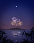  afloat artist_name blurry blurry_foreground boat commentary_request fireworks floating_lights lake lantern moon mountainous_horizon night original plant purple_background purple_sky scenery sky star_(sky) starry_sky starry_sky_background user_czdk4487 watercraft watermark 