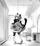  animal_ears boots bow cat_ears cat_tail couch desk dress full_body greyscale knee_boots lily_(shiei_no_sona-nyl) looking_back monochrome shiei_no_sona-nyl short_hair solo steampunk_(liarsoft) tail tenkuu_sphere 