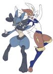  2others :d arm_up bright_pupils cinderace closed_mouth furry highres lucario multiple_others open_mouth pokemon pokemon_(creature) pokemon_focus red_eyes simple_background smile spikes teeth tillubreakin upper_teeth_only white_pupils yellow_fur 