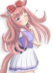  1girl ;) agnes_digital_(umamusume) animal_ears blue_eyes commentary_request cowboy_shot hair_ornament heart highres horse_ears horse_girl horse_tail long_hair looking_at_viewer one_eye_closed pink_hair pleated_skirt puffy_short_sleeves puffy_sleeves rifusw school_uniform short_sleeves simple_background skirt smile solo tail tracen_school_uniform umamusume white_background white_skirt 