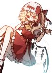  1girl absurdres ascot blonde_hair bow collared_shirt commentary_request crystal crystal_wings flandre_scarlet frilled_shirt_collar frilled_skirt frilled_wrist_cuffs frills hat hat_bow highres illust_atelier3 long_hair looking_at_viewer mob_cap multicolored_wings one-hour_drawing_challenge one_side_up puffy_short_sleeves puffy_sleeves red_bow red_eyes red_skirt red_vest red_wrist_cuffs shirt short_sleeves simple_background single_wrist_cuff skirt skirt_set solo touhou vest watermark white_background white_hat white_shirt wings wrist_cuffs yellow_ascot 