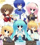  >_< 1boy 5girls aqua_hair aqua_necktie artist_name birthday birthday_cake blonde_hair blue_hair brown_hair cake closed_eyes commentary eating english_commentary food gift hand_on_another's_head happy_birthday hatsune_miku highres holding holding_gift jelly_(bonnybel) kagamine_len kagamine_rin kaito_(vocaloid) long_hair megurine_luka meiko_(vocaloid) multiple_girls necktie one_eye_closed open_mouth own_hands_together pink_hair short_hair smile steepled_fingers twintails vocaloid 