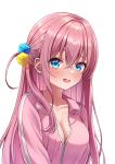  1girl absurdres blue_eyes blush bocchi_the_rock! breasts cleavage commentary_request cube_hair_ornament embarrassed gotoh_hitori hair_ornament hal_(haldayo913) highres jacket long_hair looking_at_viewer one_side_up parted_lips pink_hair pink_jacket sidelocks simple_background solo sweat upper_body white_background 