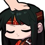  1girl belt belt_buckle brown_sash buckle closed_eyes closed_mouth commission commissioner_upload emoticon fire_emblem fire_emblem:_the_binding_blade gliesse82_5 green_hair hand_on_another's_head headband headpat red_headband simple_background solo_focus sue_(fire_emblem) 
