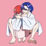  1boy 1girl amate_yuzuriha aqua_eyes bare_legs black_hair blue_hair blue_robe blush commentary couple flustered gundam gundam_gquuuuuux hair_between_eyes hetero highres hug hug_from_behind kimidori_(haruzionmitaka) knees_to_chest looking_at_another lower_eyelashes_only male_underwear multicolored_hair nail_polish open_mouth pink_background pink_robe red_hair robe short_hair shuji_ito sitting spread_legs two-tone_hair underwear untranslatable_commentary 
