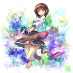  barefoot brown_hair long_sleeves looking_at_viewer musical_note sash shirt skirt smile solo touhou tsukumo_yatsuhashi umigarasu_(kitsune1963) yellow_eyes 