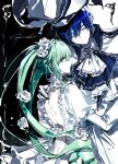  1boy 1girl absurdres ascot backless_dress backless_outfit blue_hair cantarella_(vocaloid) closed_eyes colored_eyelashes commentary_request dress flower gloves green_eyes green_hair hair_flower hair_ornament hanaseto hat hatsune_miku hatsune_miku_(rosa_bianca) highres kaito_(rosa_luno)_(vocaloid) kaito_(vocaloid) light_smile long_hair looking_at_viewer project_diva_(series) project_diva_f_2nd rose song_name twintails very_long_hair vocaloid white_ascot white_dress white_flower white_gloves white_hat white_rose 