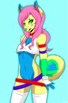  &lt;3 anthro armband blue_background blue_fur blue_tongue bottomless breasts canine chest_tuft clothing collar facial_markings female fluffy_tail fur geekidog gloves green_eyes green_fur green_nose hair legwear licking licking_lips long_hair looking_at_viewer mammal markings midriff multicolor_fur navel pink_hair plain_background pose shirt simple_background small_breasts solo stockings tank_top tongue tongue_out tuft yellow_fur 