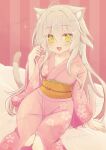 1girl :d ahoge animal_ear_fluff animal_ears arm_at_side blush cat_ears cat_girl cat_tail cherry_blossom_print commentary_request commission eyes_visible_through_hair fang feet_out_of_frame floral_print floral_print_kimono grey_hair hair_between_eyes hair_ornament hairclip hand_up happy highres indoors japanese_clothes kimono konoquro kuro_(sakura_moyu) long_hair long_hair_between_eyes long_sleeves looking_at_viewer on_bed open_mouth pink_background pink_kimono print_kimono sakura_moyu sash simple_background sitting skeb_commission skin_fang slit_pupils smile solo tail twitter_username very_long_hair wide_sleeves yellow_sash yukata 