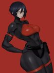  absurdres android belt belt_pouch black_hair blue_eyes breasts commentary cowboy_shot dutch_angle elster_(signalis) english_commentary frown hair_between_eyes hands_on_own_hips highres joints large_breasts meruzis narrow_waist pouch red_background robot_joints short_hair sidelocks signalis simple_background skin_seams toned toned_female wide_hips 