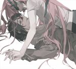  2girls alien_stage black_hair blood blood_on_face commentary covered_eyes english_commentary eyeball highres holding holding_eyeball holding_hands long_hair mizi_(alien_stage) mizi_(zombie_stage) mouth_hold multiple_girls open_mouth pink_hair purple_eyes shirt short_hair shuimian_touzhi sua_(alien_stage) sua_(zombie_stage) very_long_hair white_background white_shirt yukadon zombie zombie_stage 