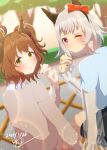  2girls absurdres animal_ears aston_machan_(umamusume) black_skirt blush bow brown_hair closed_mouth commentary_request crown curren_chan_(umamusume) ear_bow ear_covers green_eyes grey_hair hair_between_eyes highres horse_ears horse_girl long_sleeves looking_at_viewer mashiroken07 mini_crown multicolored_nails multiple_girls one_eye_closed puckered_lips purple_eyes red_bow red_scrunchie scrunchie see-through_clothes shirt short_hair sitting skirt smile tilted_headwear umamusume 
