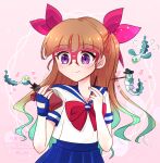  1girl 3others aqua_hair blue_sailor_collar blue_skirt blush bow brown_hair closed_mouth commentary_request fisher_sukai food glasses gradient_hair hair_bow heart holding holding_food holding_pocky looking_at_viewer multicolored_hair multiple_others ohdo_yuamu pocky red-framed_eyewear red_bow red_streaks s_ebi sailor_collar shirt skirt skyfish_(cryptid) smile streaked_hair two-tone_hair white_shirt yu-gi-oh! yu-gi-oh!_go_rush!! 