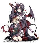  >_< 1boy 1girl absurdres apron artist_name black_hair book boots cheek_pinching cheek_pull commentary demon_boy demon_horns demon_tail demon_wings e.g.o_(project_moon) frills full_body hand_on_another's_head higashiaoi_7 highres holding holding_book horns japanese_clothes kneeling limbus_company long_sleeves maid maid_apron maid_headdress oni ootachi open_mouth pinching project_moon red_eyes red_horns red_wings renketsuen_(e.g.o) ryoshu_(project_moon) sheath short_hair shorts simple_background sinclair_(project_moon) single_wing size_difference socks sword tail thighhighs unconventional_maid untranslatable_commentary weapon white_background wide_sleeves wings 