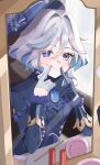  :d blue_gem blue_pupils blue_streaks chest_of_drawers closed_mouth commentary_request cosmetics cowlick drop-shaped_pupils eyelash_ornament fingersmile furina_(genshin_impact) gem genshin_impact heterochromia highres mirror mismatched_pupils multicolored_hair reflection reflection_focus richi_1214 smile streaked_hair symbol-shaped_pupils table translation_request vanity_table 