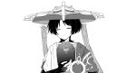  1boy arm_at_side armor blunt_ends bridal_gauntlets choppy_bangs closed_eyes closed_mouth covered_collarbone eyeliner facing_viewer genshin_impact greyscale hand_on_own_chest hand_up hat highres japanese_armor japanese_clothes jingasa juban kimono kote kusa_013yyds makeup male_focus mandarin_collar middle_ring monochrome open_clothes open_hand open_kimono portrait rope scaramouche_(genshin_impact) short_sleeves shoulder_peek side_cape solo straight-on wanderer_(genshin_impact) white_background wolf_cut 