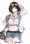  1girl bag chinese_commentary commentary_request glasses highres holding holding_removed_eyewear jewelry limbus_company necklace project_moon red_eyes ryoshu_(project_moon) short_hair shorts simple_background solo standing summer unworn_eyewear white_background yuge9420 