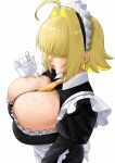  1girl ahoge aoma6026 apron arm_up between_breasts blonde_hair breasts clothes_between_breasts commentary elegg_(nikke) from_side goddess_of_victory:_nikke hair_intakes hair_over_eyes huge_breasts juliet_sleeves long_sleeves maid maid_apron maid_headdress necktie necktie_between_breasts pink_lips puffy_sleeves short_hair sidelocks simple_background solo upper_body white_background yellow_necktie 