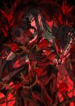  2boys ascot binds_(e.g.o) black_hair blood brooch brown_hair coat commentary_request crystal e.g.o_(project_moon) extra_arms fang flower heathcliff_(project_moon) highres jewelry killerohan la_manchaland_(identity)_(project_moon) limbus_company long_hair male_focus meursault_(project_moon) multicrack_office_(identity)_(project_moon) multiple_boys open_mouth parted_bangs parted_lips project_moon red_coat red_flower red_rose rose shirt thorns vampire very_long_hair white_ascot white_shirt 