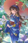 1girl animal_print artist_request back_bow bag bamboo blue_hairband blue_kimono bow bug butterfly commentary commission english_commentary fish fish_print floating_hair flower glowing_butterfly goldfish goldfish_print hairband highres higurashi_kagome holding holding_umbrella hydrangea inuyasha japanese_clothes kagomehomecn kimono parasol plastic_bag second-party_source stairs summer umbrella waist_tassel walking yukata 