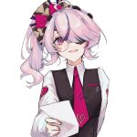 1girl ahoge alternate_costume black_vest bow chinese_commentary collared_shirt commentary_request dress_shirt eyepatch hair_bow hair_over_one_eye heart heart_ahoge highres holding holding_paper kebsoi1 long_sleeves looking_at_viewer maria_marionette medium_hair multicolored_hair multiple_hair_bows necktie nijisanji nijisanji_en open_mouth paper pink_hair pink_necktie purple_eyes purple_hair round_eyewear school_uniform shirt side_ponytail simple_background smile solo straight-on streaked_hair swept_bangs tie_clip vest virtual_youtuber white_background white_shirt 