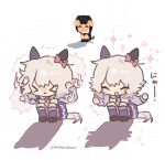  >_< 2girls :< :d ^_^ animal_ears bow cat_shadow_puppet_(meme) closed_eyes curren_chan_(umamusume) ear_bow ear_covers grey_hair horse_ears horse_girl horse_tail imaichichan irasutoya long_sleeves meme multiple_girls multiple_views open_mouth purple_shirt purple_skirt purple_thighhighs red_bow ruffling_hair school_uniform shadow shirt short_hair skirt smile sparkle sparkling_aura squatting tail thighhighs tracen_school_uniform umamusume winter_uniform 