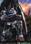  aqua_eyes arm_shield beam_rifle commentary_request company_name copyright_logo copyright_name copyright_notice earth_federation energy_gun explosion glowing glowing_eyes gomibako_(shirokumatei) gun gundam gundam_0083 gundam_arsenal_base gundam_gp-01_zephyranthes holding holding_gun holding_weapon logo mecha mecha_focus no_humans official_art on_one_knee outdoors robot science_fiction shield solo v-fin weapon 