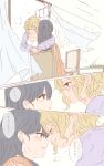  2girls absurdres black_hair blonde_hair brown_eyes cardigan chair closed_eyes closed_mouth coffee_mug commentary_request cup curtains earrings forehead-to-forehead heads_together highres hug indoors jewelry kimi_ga_shinu_made_koi_wo_shitai lizzy_seiran long_hair maud_ali mug multiple_girls purple_cardigan red_eyes short_hair sou_(sxy122126) speech_bubble stud_earrings translation_request window yuri 