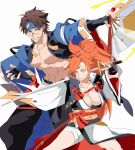  1boy 1girl amputee baiken big_hair breasts commentary_request facial_tattoo guilty_gear guilty_gear_strive highres japanese_clothes katana kimono large_breasts mito_anji multicolored_kimono muscular muscular_male nathanielawierd one-eyed open_clothes open_kimono samurai scar scar_across_eye scar_on_face sword tattoo torn_sleeve weapon 