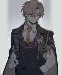  1boy aiguillette aventurine_(honkai:_star_rail) aventurine_(stoneheart's_oath_ring)_(honkai:_star_rail) between_fingers black_jacket black_pants black_vest blonde_hair blue_eyes buttons clenched_hand closed_mouth collared_shirt commentary_request cowboy_shot crossed_bangs earrings emblem empty_eyes glowing glowing_eyes hair_between_eyes halo_downfall hand_in_pocket highres holding holding_poker_chip honkai:_star_rail honkai_(series) jacket jewelry lapels long_sleeves looking_at_viewer male_focus multicolored_eyes neck_tattoo necktie official_alternate_costume open_clothes open_jacket pants poker_chip purple_eyes purple_jacket shirt short_hair simple_background single_earring smile solo standing tassel tattoo tie_clip two-sided_fabric two-sided_jacket vest white_background white_shirt yellow_necktie 