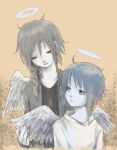  2girls absurdres aged_up angel angel_wings black_shirt braid brown_background brown_hair cardigan commentary_request double-parted_bangs feathered_wings haibane_renmei halo highres iwakura_lain looking_at_another messy_hair multiple_girls one-hour_drawing_challenge open_cardigan open_clothes rakka_(haibane_renmei) serial_experiments_lain shirt short_hair short_hair_with_long_locks single_braid static_cling upper_body white_shirt wings yasu_(shijimi_8) 