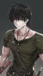  1boy :/ after_battle arm_at_side armor axe battle_axe belt belt_buckle black_gloves black_hair blood blood_on_arm blood_on_face bright_pupils brown_belt brown_pants buckle buttons closed_mouth collarbone colored_blood commentary cropped english_commentary fantasy gloves green_blood green_shirt grey_background hair_between_eyes harten_sieg_filbrio highres holding holding_axe holding_weapon jewelry jun_(navigavi) leather leather_armor leather_gloves looking_at_viewer male_focus multiple_scars muscular muscular_male necklace nose original pants pectoral_cleavage pectorals scar scar_on_arm scar_on_chin scar_on_face scar_on_neck scar_on_nose scoop_neck sheath sheathed shirt short_hair short_sleeves simple_background solo standing sword upper_body veins veiny_arms weapon white_pupils yellow_eyes 