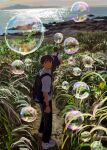  2boys absurdres backpack bag black_bag black_pants bubble charm_(object) commentary_request grass highres looking_back minahamu multiple_boys ocean original pants shirt shoes shore solo_focus watch water white_shirt white_shoes wide_shot wristwatch 