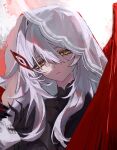  1girl ahoge black_dress black_gloves breasts claws closed_mouth commentary_request dress empty_eyes eyelashes feathered_wings flower-shaped_pupils genshin_impact gloves grey_hair hair_between_eyes half-closed_eyes hand_up highres holding holding_skull large_breasts long_hair long_sleeves looking_at_object looking_down red_wings ronova_(genshin_impact) sad see-through_clothes see-through_veil sidelocks simple_background skull solo sp_z51 symbol-shaped_pupils upper_body veil very_long_hair wavy_hair white_background white_veil wings yellow_eyes 