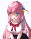  1girl absurdres artist_name black_skirt blue_eyes blush bocchi_the_rock! bow breasts chest_bow collarbone commentary_request cowboy_shot cube_hair_ornament ellireii eyelashes eyes_visible_through_hair furrowed_brow gotoh_hitori hair_between_eyes hair_ornament highres large_breasts long_hair nervous nervous_sweating one_side_up open_mouth pink_hair red_bow sailor_collar sailor_shirt school_uniform serafuku shirt short_sleeves sidelocks simple_background skirt solo straight_hair sweat tareme v_arms very_long_hair wavy_mouth white_background white_sailor_collar white_shirt 