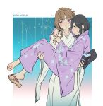  2girls absurdres barefoot bddd777 black_hair blue_eyes brown_hair carrying carrying_person closed_mouth commentary dated earrings floral_print floral_print_kimono flower_earrings full_body highres japanese_clothes jewelry kimono long_hair looking_at_another medium_hair miyagi_shiori multiple_girls princess_carry print_kimono purple_eyes purple_kimono sash sendai_hazuki shuuniichido_classmate_wo_kau_hanashi stud_earrings sweatdrop teardrop white_kimono yuri 