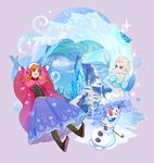  :d anna_(frozen) blonde_hair blue_eyes boots braid buck_teeth cape castle cloud dress elsa_(frozen) frozen_(disney) gloves hat mountain multiple_girls olaf_(frozen) open_mouth red_hair single_braid smile snowman sparkle tree twin_braids 