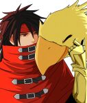  1boy belt_buckle bird black_hair buckle chocobo cloak covered_mouth final_fantasy final_fantasy_vii final_fantasy_vii_rebirth final_fantasy_vii_remake gauntlets hair_between_eyes headband highres long_hair looking_at_another male_focus red_cloak red_eyes red_headband s_m_man single_gauntlet spiked_hair upper_body vincent_valentine white_background 