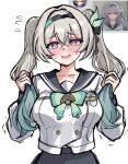  1girl alternate_hairstyle aqua_bow aqua_bowtie aqua_hair black_hairband blue_pupils blush bow bowtie breasts buttons commentary double-breasted embarrassed firefly_(honkai:_star_rail) firefly_(spring_missive)_(honkai:_star_rail) flying_sweatdrops gradient_hair grey_hair grey_sailor_collar grey_skirt hair_between_eyes hairband hands_up highres holding_own_hair honkai:_star_rail honkai_(series) large_breasts long_hair long_sleeves looking_at_viewer mini2chainz multicolored_hair official_alternate_costume open_mouth purple_eyes reference_inset sailor_collar school_uniform serafuku shirt simple_background skirt smile solo twintails untranslatable_commentary upper_body white_background white_shirt 