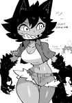  2girls :3 animal_ears artist_name breasts character_name cleavage clenched_teeth commentary cropped_jacket english_commentary english_text fur-trimmed_shorts fur_trim halftone highres large_breasts midriff monochrome multiple_girls navel noss_&amp;_zakuro rariatto_(ganguri) rudy_(rariatto) sharp_teeth shorts simple_background solo_focus tail teeth thick_thighs thigh_gap thighs werewolf white_background wide_hips wolf_ears wolf_girl wolf_paws wolf_tail zakuro_(rariatto) 