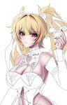  1girl absurdres bare_shoulders blonde_hair breasts claret_flint closed_mouth commentary detached_sleeves hair_intakes hair_ornament hair_ribbon haise117draw highres holding holding_mask large_breasts long_hair looking_at_viewer mask navel partially_colored red_eyes ribbon shirt simple_background solo sphere_hair_ornament twintails unfinished upper_body white_background zenless_zone_zero 