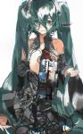  1984_(cw1000110) 1girl absurdres android aqua_eyes aqua_hair bare_shoulders cable chromatic_aberration commentary_request detached_sleeves effects_pedal grey_shirt hair_between_eyes hatsune_miku highres holding_own_hair long_hair long_sleeves looking_at_viewer mechabare open_clothes open_shirt pedal_board shirt simple_background sleeveless sleeveless_shirt solo twintails very_long_hair vocaloid 