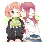  :t blush bread cheek_kiss closed_eyes eating flower food grey_eyes gym_shorts hair_flower hair_ornament hair_ribbon jacket kiss long_hair melon_bread multiple_girls necktie one_eye_closed orange_hair red_hair ribbon sakura_trick school_uniform short_hair shorts sonoda_yuu takayama_haruka tarabagani track_jacket wavy_mouth wince yuri 